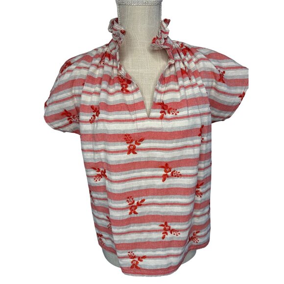 Never A Wallflower S Red & White Striped Embroidered Floral Cotton Top Ruffled C - Picture 1 of 8